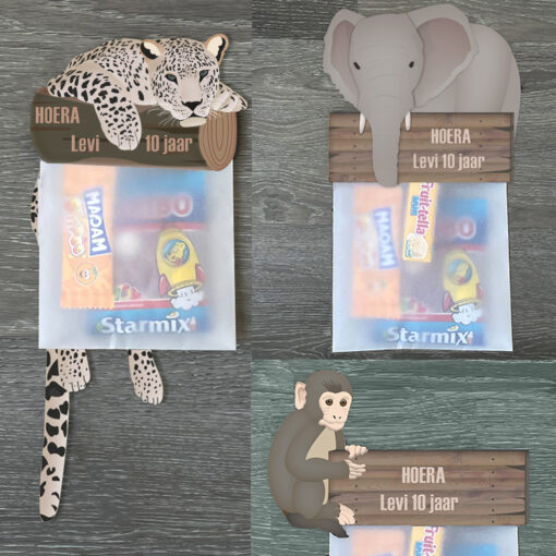 Traktatie label voor snoepzakjes en traktatiezakjes. Jungle thema, luipaard, aapje en olifant. Labels snoepzakjes zelf maken.