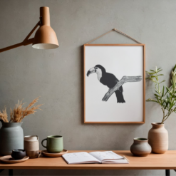 Zwart wit poster - Toekan - PDF printable. Jungle poster kinderkamer. Stijlvolle poster met een toekan getekend met houtskool. Toekan poster. Toucan poster.