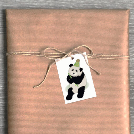 Mini kaartjes - Cadeau labels - Printable. Pandabeer met feestmutsje.