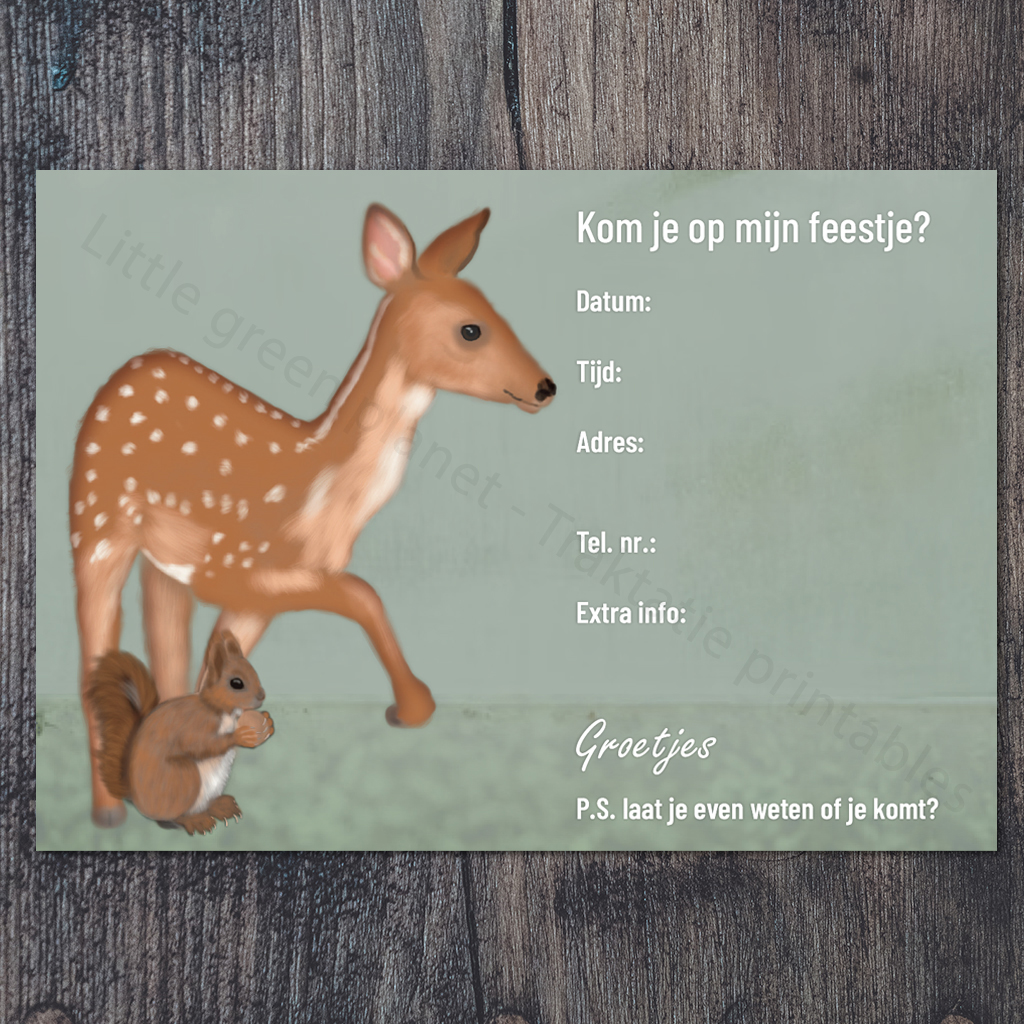 Uitnodiging kinderfeestje - Bos thema - Invulkaart - Printable. Uitnodiging kinderfeestje bosdieren thema. Uitnodigingskaart. Hert, eekhoorn.