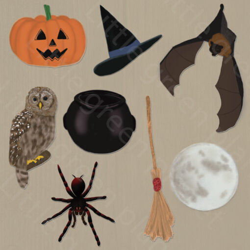 Halloween slinger maken. Halloween DIY. Halloween printable. Spin, bezemsteel, heksenhoed, uil, pompoen met gezichtje, vleermuis, maan en heksenketel.