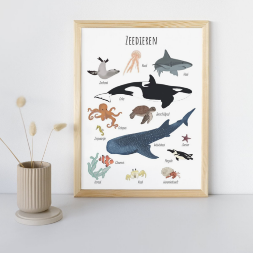 Zeedieren poster - Printable. Zee thema decoratie. Zeedieren kinderkamer, oceaan thema kinderkamer. Zeedieren thema. Kinderkamer strand thema. Babykamer onderwaterwereld. Onderwater diersoorten. Illustratie zeedieren. Praatplaat zeedieren. Praatplaat onderwaterwereld.