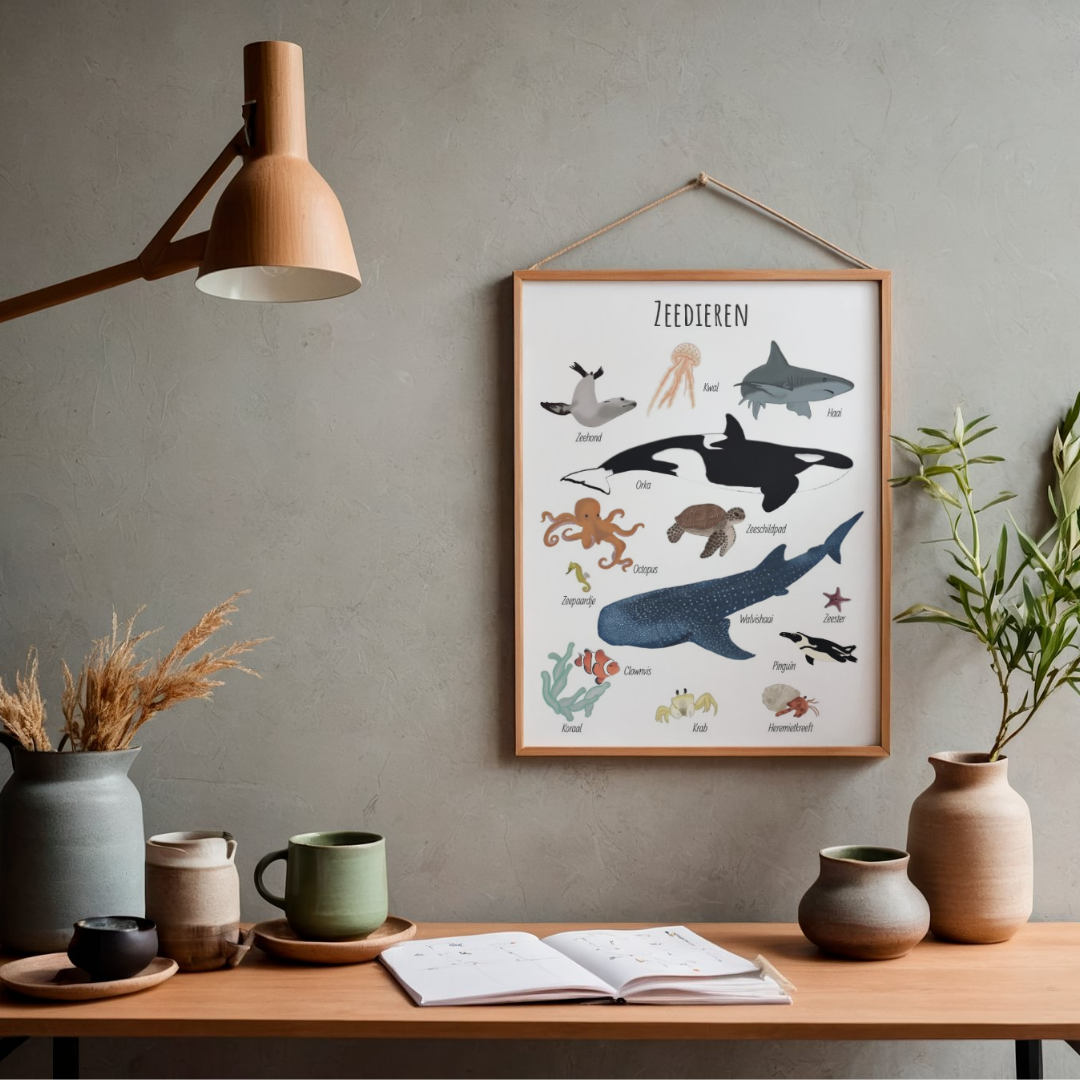Zeedieren poster - Printable. Zee thema decoratie. Zeedieren kinderkamer, oceaan thema kinderkamer. Zeedieren thema. Kinderkamer strand thema. Babykamer onderwaterwereld. Onderwater diersoorten. Illustratie zeedieren. Praatplaat zeedieren. Praatplaat onderwaterwereld.