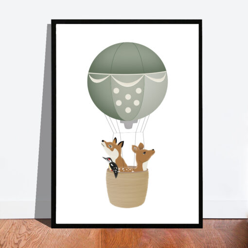 Bosdieren in luchtballon - Poster - Printable. Bosdieren thema kinderkamer, babykamer. Luchtballonnen thema kinderkamer. Luchtballonnen decoratie. Kinderkamer poster.