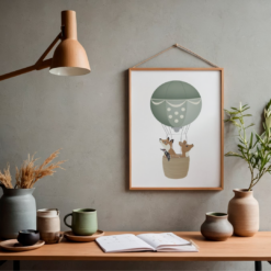 Bosdieren in luchtballon - Poster - Printable. Bosdieren thema kinderkamer, babykamer. Luchtballonnen thema kinderkamer. Luchtballonnen decoratie. Kinderkamer poster.