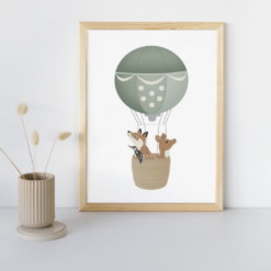 Bosdieren in luchtballon - Poster - Printable. Bosdieren thema kinderkamer, babykamer. Luchtballonnen thema kinderkamer. Luchtballonnen decoratie. Kinderkamer poster.