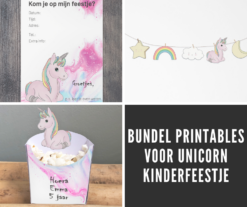 Bundel printables voor kinderfeestje met thema unicorn - Uitnodiging, versiering en traktatie. Unicorn uitnodiging, unicorn slinger, unicorn bedankje / traktatie.