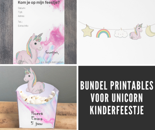 Bundel printables voor kinderfeestje met thema unicorn - Uitnodiging, versiering en traktatie. Unicorn uitnodiging, unicorn slinger, unicorn bedankje / traktatie.