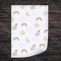 Inpakpapier Unicorn – Printable. Inpakpapier unicorn printen. Het inpakpapier heeft een vrolijk patroontje van unicorns, regenbogen, sterretjes, maantjes en wolkjes! Unicorn cadeaupapier.