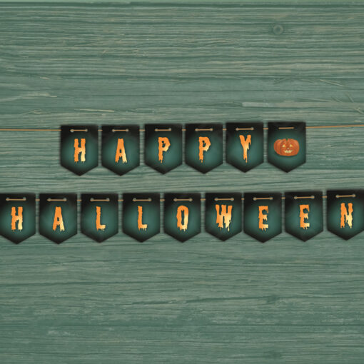 Happy Halloween slinger - Printable. Halloween slinger maken. Halloween vlaggetjes. Halloween versiering maken. Halloween printable. Happy Halloween text. Pompoen en spook.