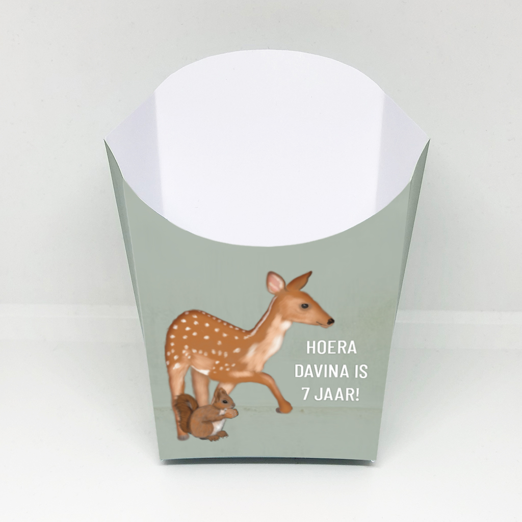 Traktatie bakje – Bosdieren – Printable. Friet bakje. Patat bakje. Popcorn bakje. Bosdieren traktatie. Bosdieren kinderfeestje.