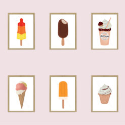 Poster set ijsjes - 6 printables. Poster raket ijsje. Poster waterijsje. Poster chocolade ijsje. Poster milkshake. Poster hoorntje met ijs. Poster Italiaans ijs. Kinderkamer ijs thema.