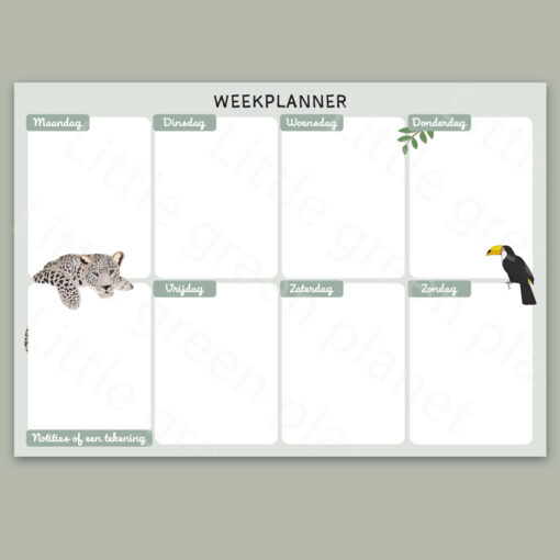 Weekplanner - Jungle dieren - Printable. Weekplanner printen PDF. Jungle dieren kinderkamer. Weekplanner Nederlands. To do lijst. Schoonmaakrooster. Notities.