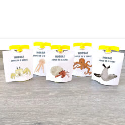 Zeedieren traktatie wikkels voor knijpfruit - Printable. Traktatie haai, zeehond, pinguïn, octopus, clownvis, zeester, zeepaardje, kwal, krab, heremietkreeft, zeeschildpad. Onderwaterwereld thema verjaardag.