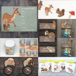 Bosdieren kinderfeestje – Uitgebreid – Uitnodiging, versiering en traktaties – 8 printables. Bosdieren feestversiering. Bosdieren bedankjes, labels, pakjes drinken.