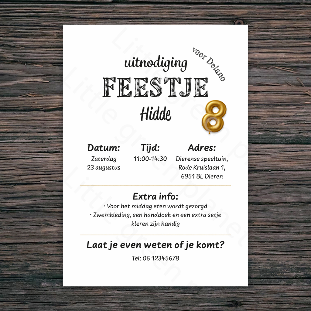 Uitnodigingskaart feestje - Gouden cijfer ballon - Gepersonaliseerde printable. Uitnodiging kinderfeestje printen.