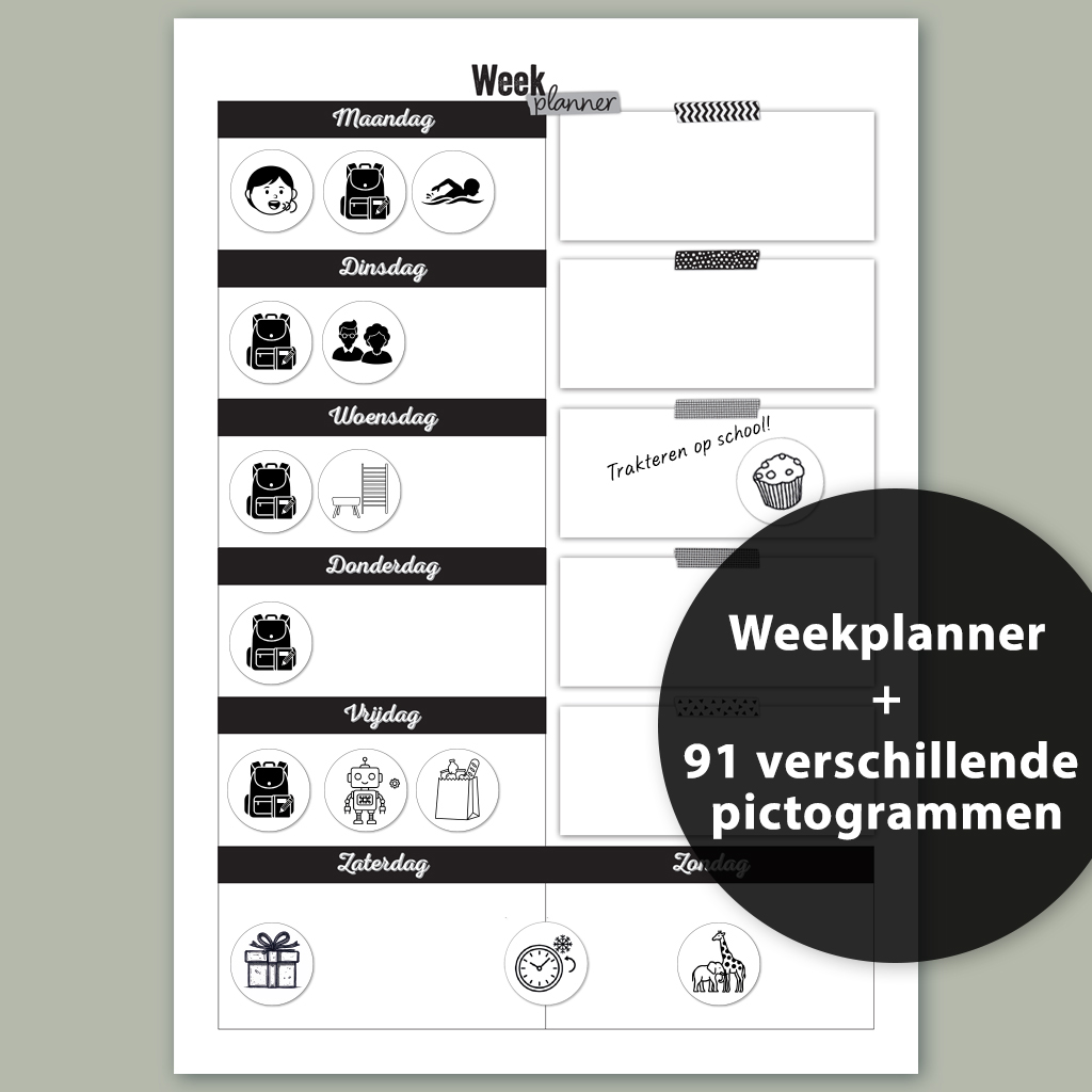 Complete zwart‑wit weekplanning bundel – Planner + pictogrammen - Printables. Weekplanner en pictogrammen voor weekplanning en dagritme. Direct te printen.