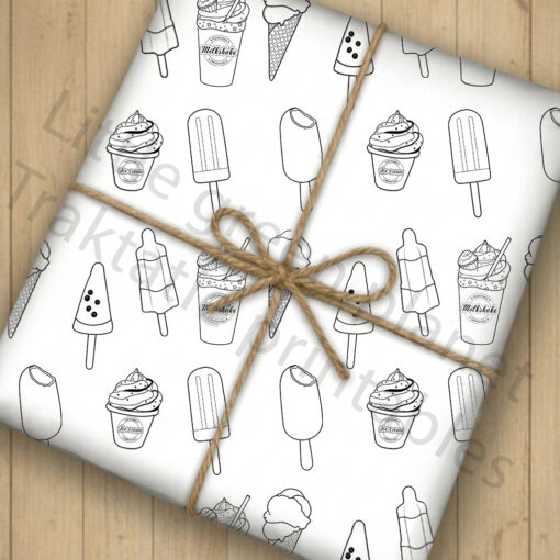 Inpakpapier IJsjes – Zwart-wit – A4 & A3 – Staand & liggend – Printable. Inpakpapier printen. Cadeaupapier printable. Cadeaupapier printen. Zomer cadeautje inpakken.