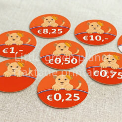 Koningsdag prijskaartjes - Leeuwtje met kroontje - Rond - 5 cm - Printable. Vrijmarkt prijskaartjes. Prijs stickers. Prijslabels. Rommelmarkt prijskaartjes printen.