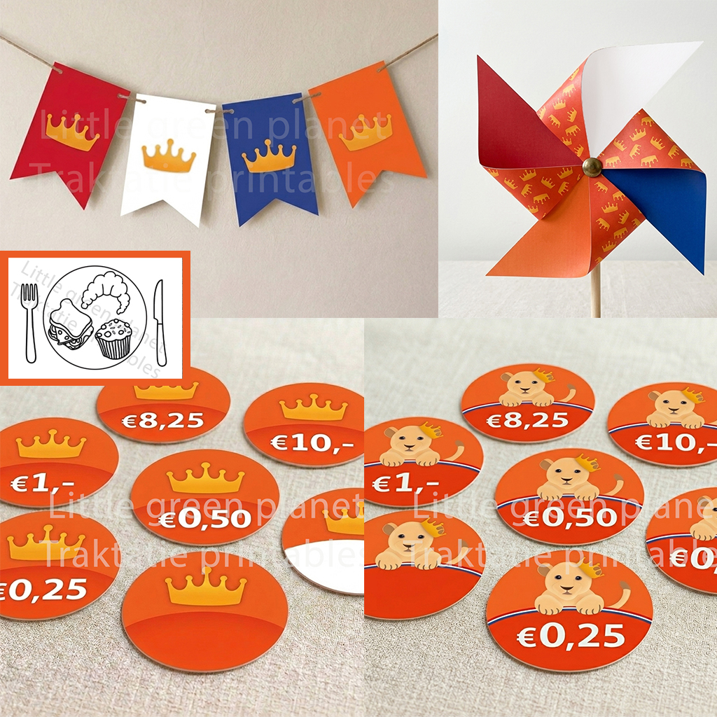 Koningsdag printable bundel. Koningsdag slinger. Koningsdag prijskaartjes. Koningsdag windmolentje. Kleurplaat placemat. Cadeauzakjes. Kleedjesmarkt. Vrijmarkt.