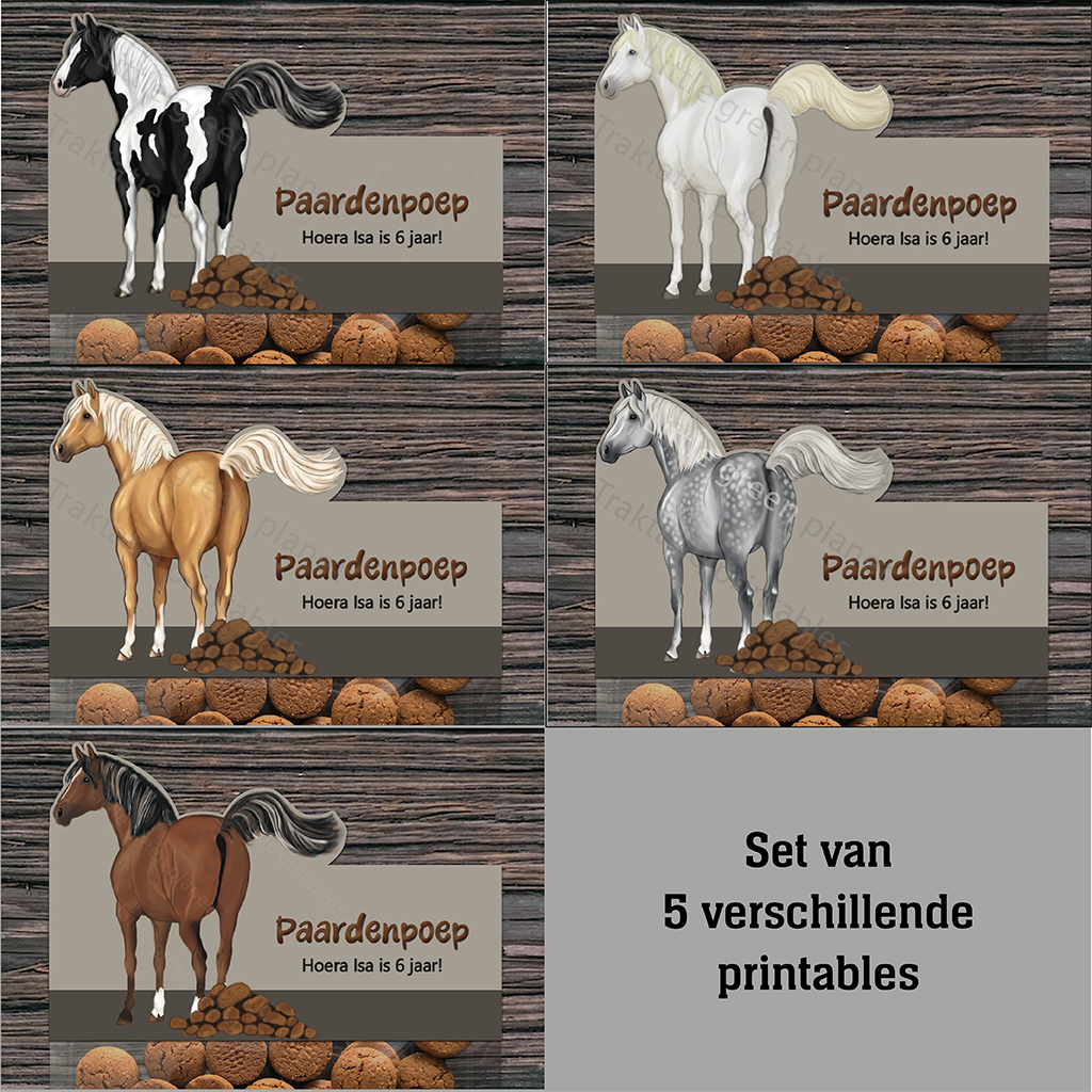 Paardenpoep traktatie labels – 5 verschillende paarden – Printables. Poep traktatie. Pepernoten traktatie. Paarden traktatie. Grappige traktatie.