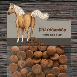 Traktatie label – Paardenpoep – Palomino – Printable. Traktatie paard zelf maken. Traktatie paarden thema. Paarden traktatie voor school. Pepernoten traktatie. Chocolade traktatie. Gezonde traktatie paard.