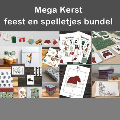 Kerst printables - Feest en spel pakket. Kerst slinger. Kerst versiering. Kerst inpakpapier, cadeauzakjes, cadeaudoosje. Kerst prikkers. Kerst spelletjes. Kleurplaat. Placemat.